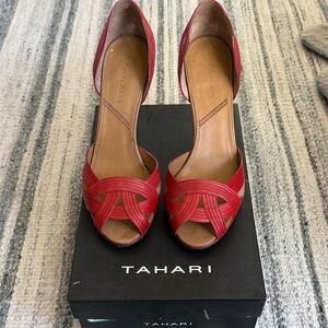 Tahari Red/Tan Open-Toe Heels